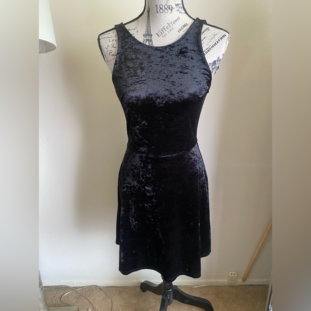 Divided H&M black v-back crushed velvet fit and flare dress